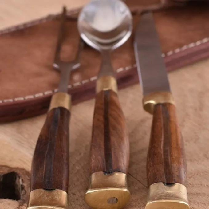 Houten Bestekset Met Hoes, Roestvrij Staal 5 Houten Bestekset Met Hoes, Roestvrij Staal - Afbeelding 3