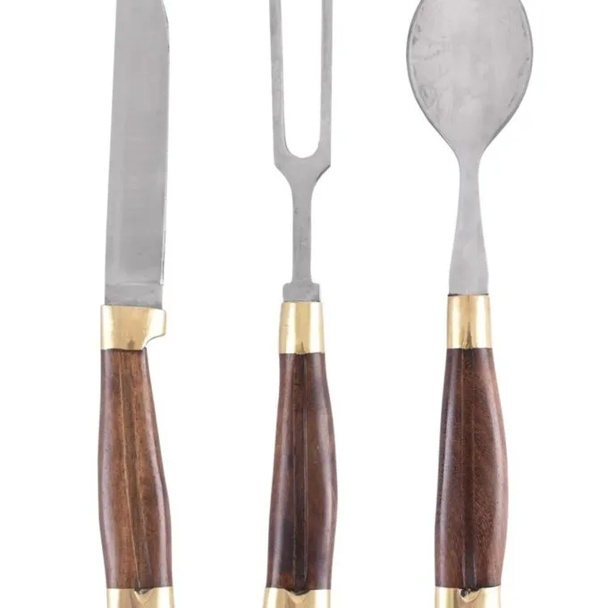 Houten Bestekset Met Hoes, Roestvrij Staal 3 Houten Bestekset Met Hoes, Roestvrij Staal